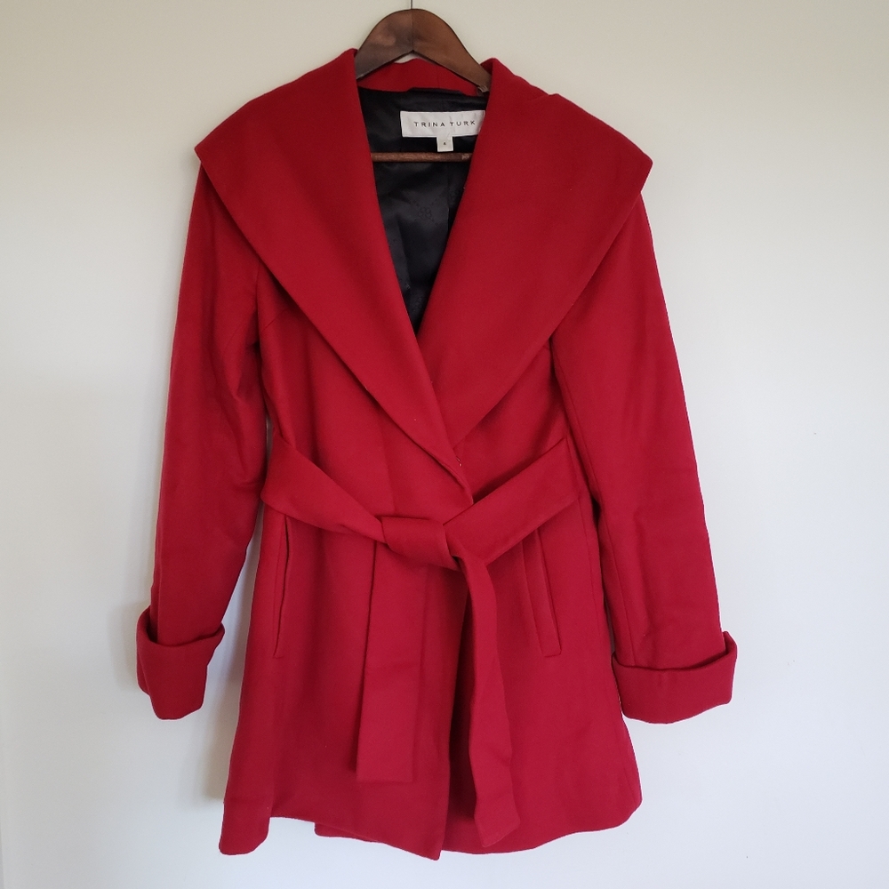 Trina Turk Red Lambswool and Cashmere Wrap Jacket Coat Size 8 Midi Length